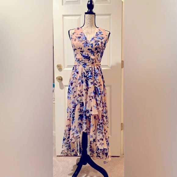 eliza j floral ruffle high low maxi dress Eliza J Women's Long Sleeve Cascading Ruffle Gown - Multi - Size 14